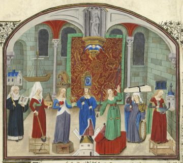 Virtudes teologales y cardinales, Manuscrito de Aristóteles. (2ª mitad S.XV). Bibliothéque Municipale de Rouen